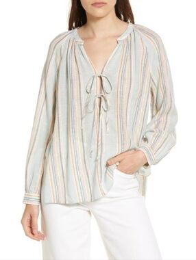 Rails Brielle Sag Harbour Stripe Linen Blend Blouse XS Boho Tie Neck Top